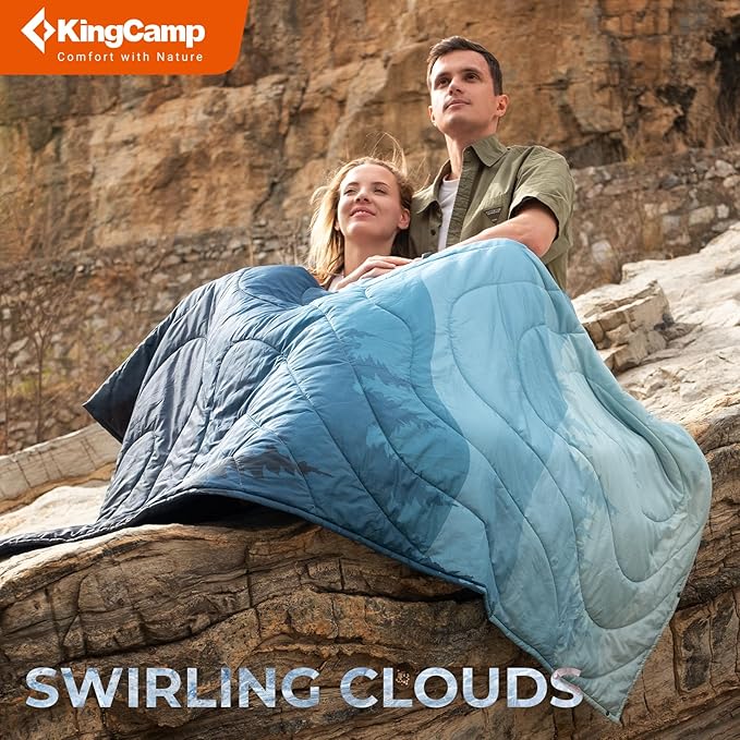 KingCamp Ultralight Camping Blanket, Packable Down Alternative Puffy Printed Wearable Blanket with Snap Buttons & Corner Loops Weatherproof Quilt for Outdoor Travel Stadium (79"L x 57”W, CYAN)