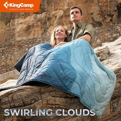 KingCamp Ultralight Camping Blanket, Packable Down Alternative Puffy Printed Wearable Blanket with Snap Buttons & Corner Loops Weatherproof Quilt for Outdoor Travel Stadium (79"L x 57”W, CYAN)