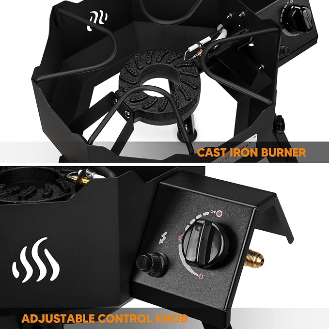 ONLYFIRE Portable Gas Burner with Adjustable Removable Legs, Propane Camping Stove for Backyard RV Tailgating Outdoor Cooking, works for Wok, Skillet, Frying Pan, Pot, 4FT Hose, 65000BTU, GS301