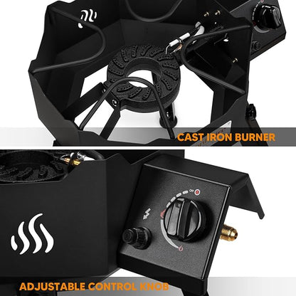 ONLYFIRE Portable Gas Burner with Adjustable Removable Legs, Propane Camping Stove for Backyard RV Tailgating Outdoor Cooking, works for Wok, Skillet, Frying Pan, Pot, 4FT Hose, 65000BTU, GS301