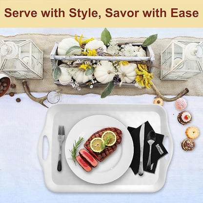 20" x 13" Large Serving Platters for Turkey, Cookie, Cupcakes, Gift Ready Melamine Serving Tray with Handles for Party Entertaining, Raised Dots & Matt Finish, Set of 2, White & Black