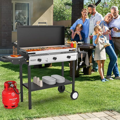 ROVSUN 3 Burner Outdoor Propane Gas Stove with Griddle, Ignition & Side Shelves, 225,000 BTU Powerful Gas Stove Outdoor Cooker for Backyard Patio Cooking Home Camping Grilling Canning Turkey Frying