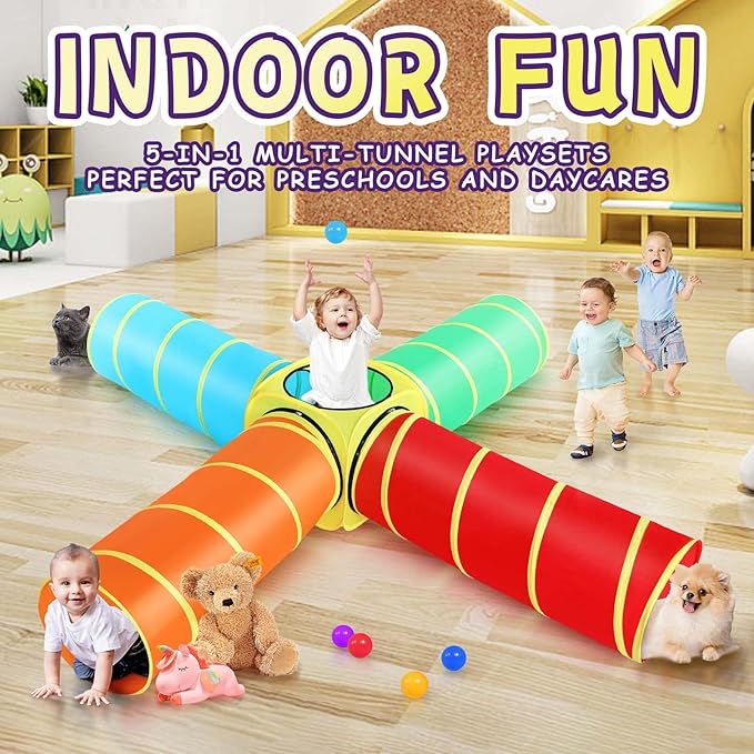 Moncoland Kids Play Tunnel Tent for Toddlers, 5 PCS Colorful Pop Up Crawl Tunnel Toy for Baby or Pet, Collapsible Gift for Boy and Girl Indoor Outdoor Game