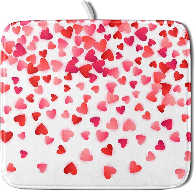 Valentines Dish Drying Mat for Kitchen Counter Hearts Holiday Microfiber