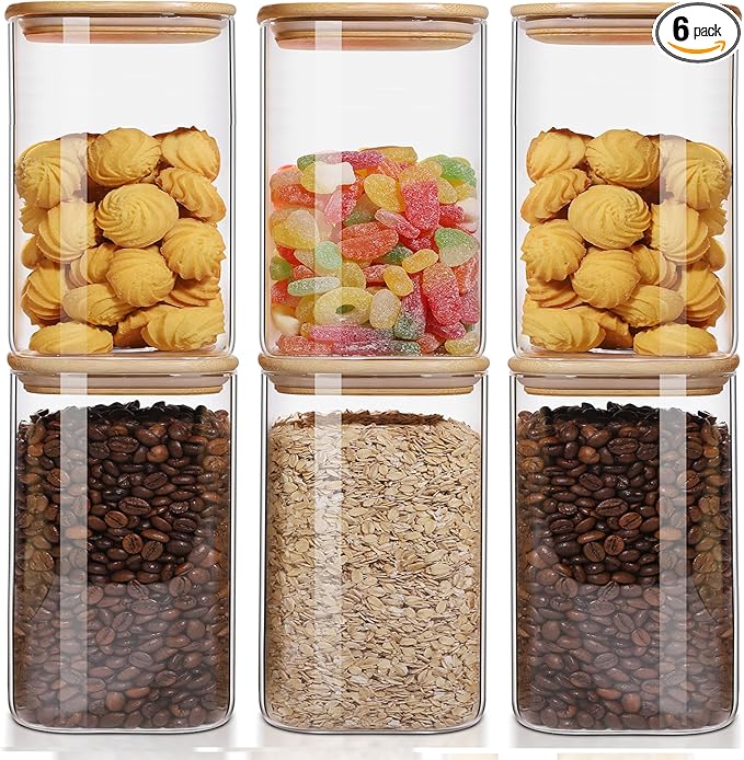 50oz Glass Food Storage Jars Set of 6,Glass Storage Containers Clear Glass Food Canister with Bamboo Lid Airtight For Serving Tea, Coffee, Flour, Sugar, Candy, Cookie, Spice and More (Square)