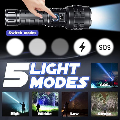 Flashlights High Lumens Rechargeable, 1000000 Lumens Hight Lumens Super Bright Handheld LED Flash Light,Powerful Emergency Linternas, Waterproof, Long Lasting, for Hiking Camping Gift