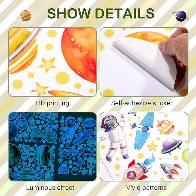 Watercolor Solar System Wall Decals, Glow in The Dark Stars, Kids Planets Sticker for Ceiling, Astronaut Wall Stickers for Bedroom, Blue