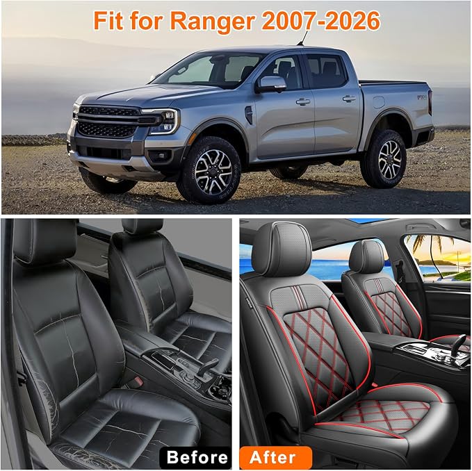 Ranger Car Seat Covers Custom Fit for Ford Ranger 2019-2026 Full Coverage Leather Waterproof Breathable Seat Covers Full Set, Automotive Seat Protectors, Airbag Compatible(5 Seats, Black & Red)