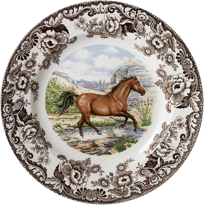 Spode Woodland American Quarter Horse Dinner Plate - 10.5 Inch Fine Earthenware with 1831 British Flowers Border, Microwave, Oven, Freezer & Dishwasher Safe - Made in England, Equestrian Tableware