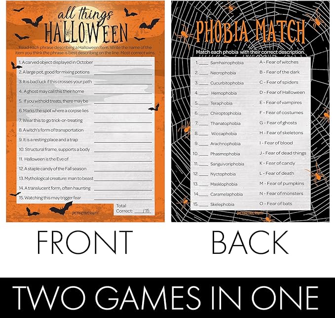 DISTINCTIVS Halloween Party Games, Halloween Trivia and Phobia Match 2 Game Bundle, 25 Dual-Sided Cards for Kids, Adults, Classrooms, and Fall Events
