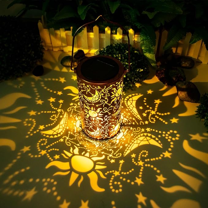 Solar Lanterns Outdoor Hanging Lantern Lights,Sun Moon Metal Decor Lanterns-Waterproof LED Decorative Light for Garden Patio Yard Lawn Backyard Front Porch as Gifts for Mom Grandma Women