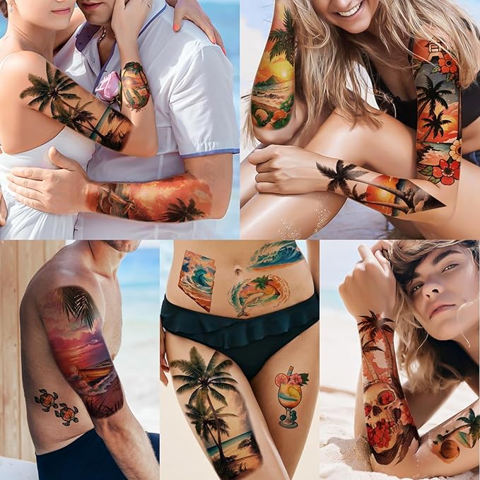 77 Sheets Temporary Tattoo, Sunset Sunglasses Beach Flower Palm Tree Hawaiian Themed Waterproof Fake Tattoos, Holiday Temporary Tattoos for Men Women Kids Party and Goody Bag Stuffers