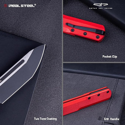REALSTEEL G-Tanto Pocket Knife,Folding Knives,2.6" Nitro-V Blade,Double Detent Ball Slipjoint EDC,G10 Handle,2.2oz,Clip,Gift for Men Women Outdoor Indoor Daily Use Camping Hiking(Red Black)