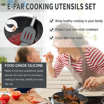Silicone Cooking Utensils Set, E-far 14-Piece Gray Kitchen Utensils Set