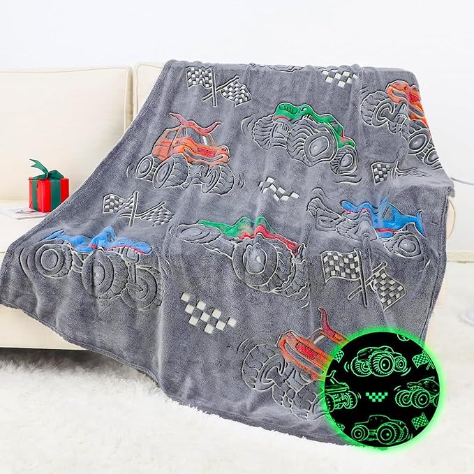 Kids Boys Truck Toys Car Blanket Gifts - Glow in The Dark Fleece Throw Blanket for Couch Bed Sofa Room Decor Birthday Christmas Easter 50" x 60"