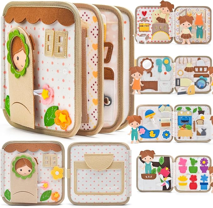Montessori Busy Book for Toddlers 1-3, Felt Quiet Book & Busy Board for Preschool Learning, Fine Motor Skills, Sensory Play, Educational Travel Toy & Gift – Pretend Play for Girls, Brown