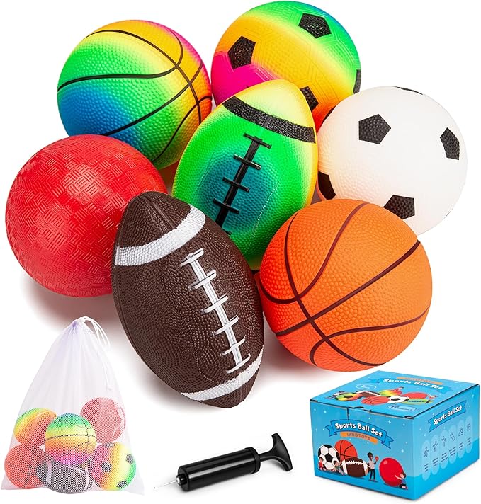 Balls for Toddlers Kids - 7 Pack 5" Small Playground Balls Soft Rubber - Indoor Outdoor Toddler Toys - 2 Footballs, 2 Basketballs, 2 Soccer Balls 1 Kickball -Birthday Gift Boys Girls 1-3 3-5