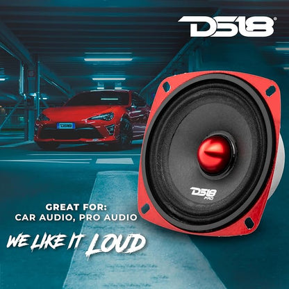 DS18 PRO-X4.4BM Loudspeaker - 4", Midrange, Red Aluminum Bullet, 200W Max, 100W RMS, 4 Ohms - Premium Quality Audio Door Speakers for Car or Truck Stereo Sound System (1 Speaker)