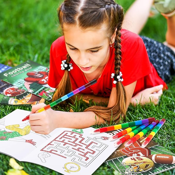 BenLouis 12 Football Mini Coloring Books Kids with 12 Stacking Crayons Sports Football Theme Party Favors Small Activity Books Bulk for Kids Super Football Bowl Party Gift Goodie Bag Stuffers
