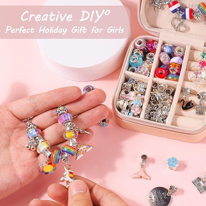 UFU Charm Bracelet Making Kit - 95Pcs DIY Jewelry Making Kit, Mermaid Gifts for Girls Crafts for Girls Ages 5 6 7 8-12, with Portable Bracelet Organizer Box