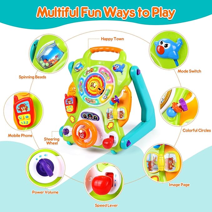 3-in-1 Baby Walker for Boy Girls Sit to Stand Toy Activity Center Drawing Board Infant Toys for 1 Year Old Birthday Gifts 9 12 18 Months 2 3 Year Old Kid Toddler Push Toy Musical Sound Light Effect