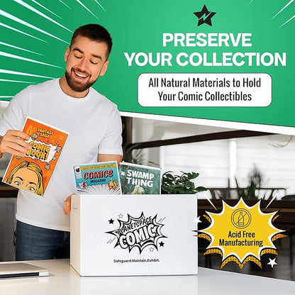 Premium Comic Book Storage Box | 22 Boxes with 6 Dividers (Each Box Stores Up to 175 Comics) - Short Stackable Design with Dust Protection Lid | Strong Structure & Acid Free Manufacturing