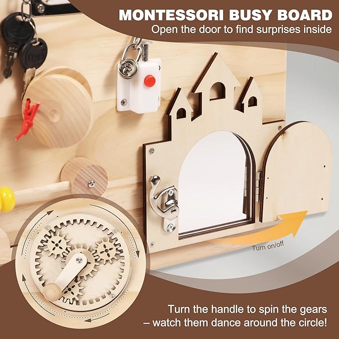 Wooden Montessori Busy Board for Toddlers, Montessori Sensory Activity Board Toys for Baby Kids, for Fine Motor Skills, Autism & ADHD