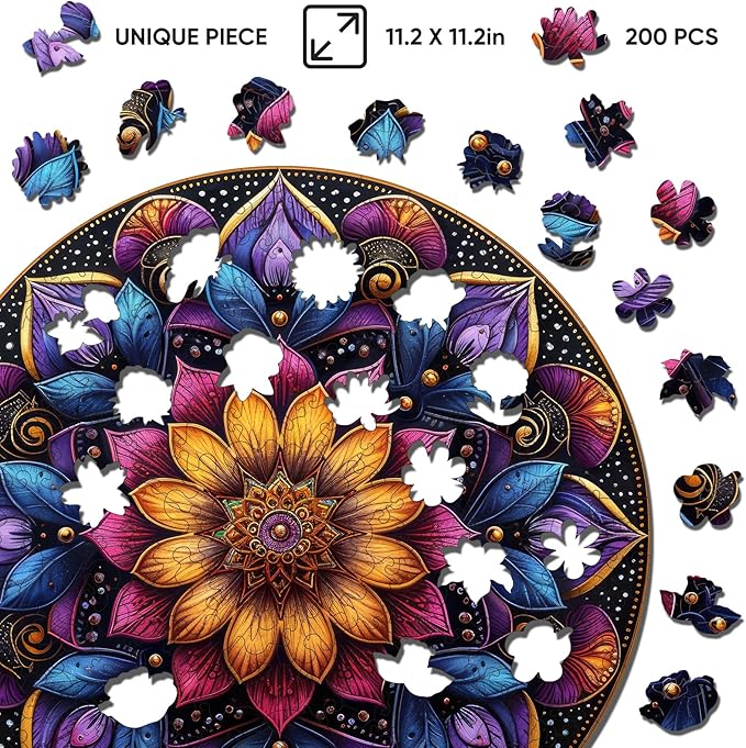 Jiroinlly Wooden Puzzles for Adults, Mandala Jigsaw Puzzles 200 Piece, Unique Shapes Family Reunion Puzzle, Exquisite Packaging, Best Gift for Adults and Kids, Family Game, 11.2x11.2 in