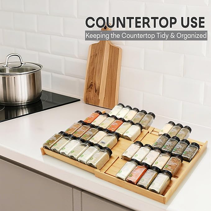 Bamboo Spice Drawer Organizer, Expandable 4 Tier Spice Rack