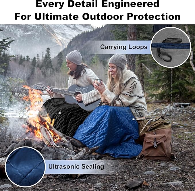 Waterproof Outdoor Blanket 82”X 55” Packable, Stadium Blankets for Camping with Sherpa Fleece Lining, Large Windproof Emergency Throw Mat for Garss Picnic Hiking Road Trip, Machine Washable, Navy
