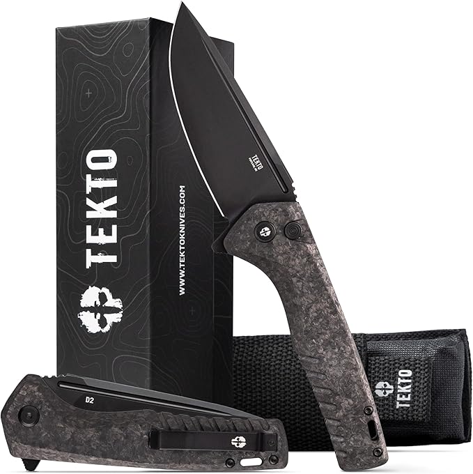 F3 Charlie Button Lock Folding Knife, Oversized Fine Edge Blade, Tactical Forged Carbon G10 Handle - Easy Open Pocket Knife with Titanium Coated D2 Steel & Black Titanium Barrel Spacers