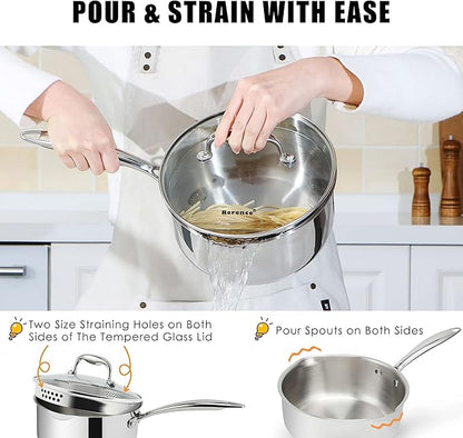 Rorence 3-Quart Saucepan with Lid: Pour and Strain Stainless Steel Sauce Pan