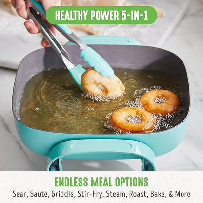 GreenLife 12" 5QT Square Electric Skillet, Glass Vented Lid, Ceramic PFAS-Free