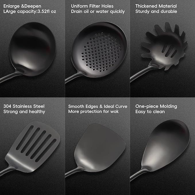 Stainless Steel Kitchen Utensils Set with Wood Handle, 18/10 Metal Cooking Utensils Set, 10-Piece - Spatula, Spoon, Ladle, Skimmer, Slotted Turners, Pasta Server, Fork, Masher(Dishwasher Safe)