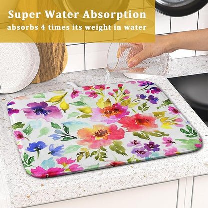 Spring Floral Dish Drying Mat for Kitchen Counter Flower Microfiber Absorbent