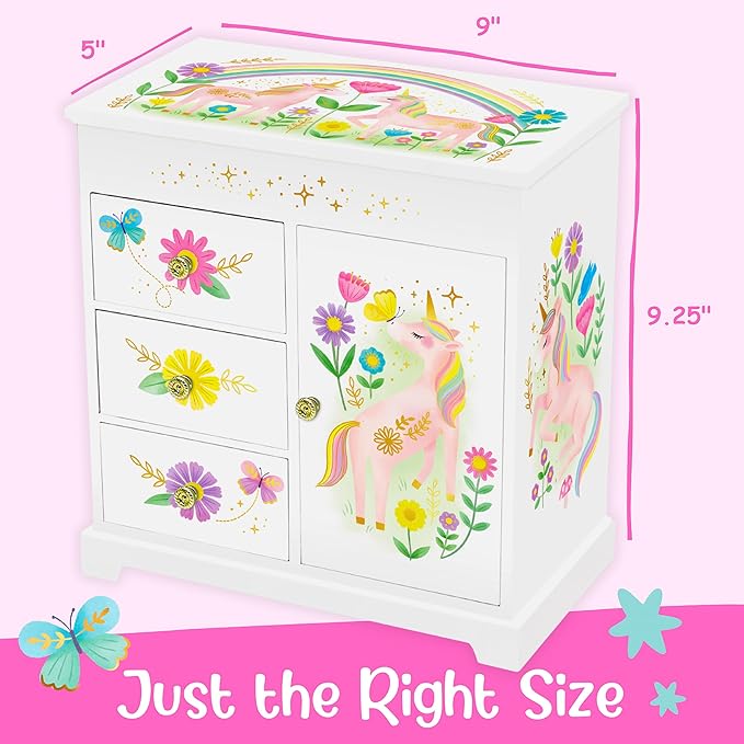 Unicorn Musical Jewelry Box for Girls - Unicorn Toys for Girls Age 4-6 - Kids Jewelry Box with Drawers - 9 x 5 x 9.3 in