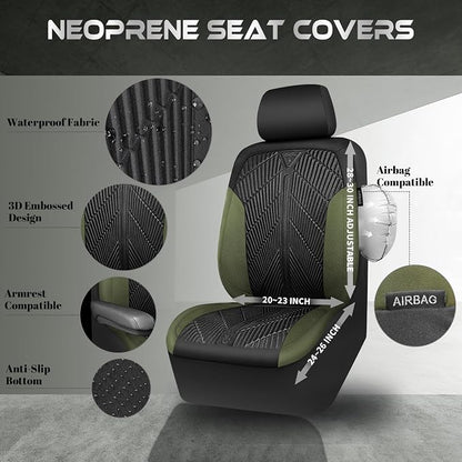 CAR PASS Waterproof Car Seat Covers Front Seats Covers Neoprene Wetsuit, All-Weather Non-Slip Durable,Universal Fit for SUV Sedans Trucks Vans Automotive,Armrest Airbag Compatible,Emboss 2 Black Green