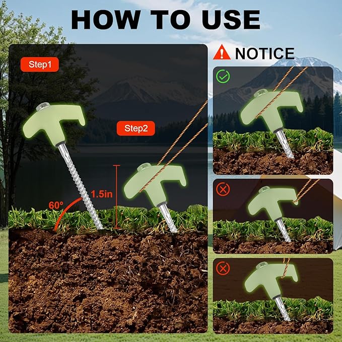 4 Pcs Tent Stakes Heavy Duty, 8 in Ground Anchors Screw in, Grow in The Dark Screw in Tent Stakes, Camping Stakes with Storage Box, Threaded Tent Spikes with Hex Head Driver and Stake Puller