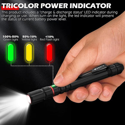 FORTO Rechargeable Pen Light Flashlight, 400 Lumens Small Pocket Flashlight with Clip, IP67 Waterproof, 2 Light Modes, 3-Color Battery Indicator, Type-C Charging, for Inspection,Emergency（2 Pack）