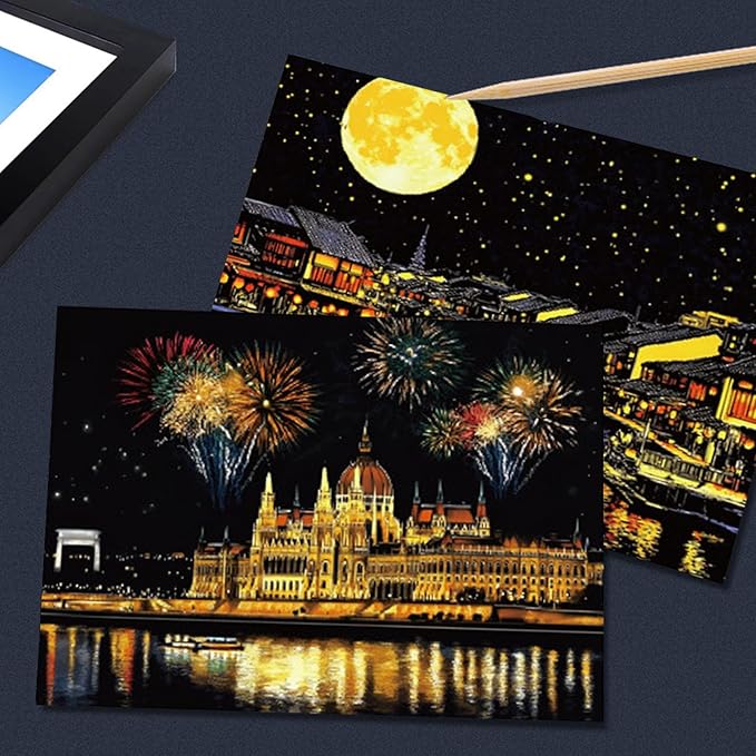 Scratch Art Painting Set for Adults – 8 Sheets A4 Rainbow Scratch Paper,Night Scene Engraving Art Kit Creative Craft Art Set for Craft Enthusiasts (Famous Landmark/City) by Iskueal