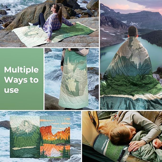 KingCamp Ultralight Camping Blanket, Packable Down Alternative Puffy Printed Wearable Blanket with Snap Buttons & Corner Loops Weatherproof Quilt for Outdoor Travel Stadium (79"L x 57"W, GREEN)