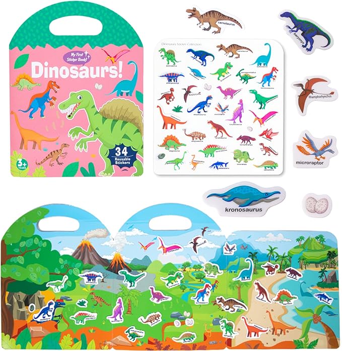 Jelly Reusable Sticker Books for Toddlers 1-3 2-4 Years, Portable Travel Toys Sticker Activity Book for Kids 2 3 4 Year Old Girls Boys (Dinosaurs)