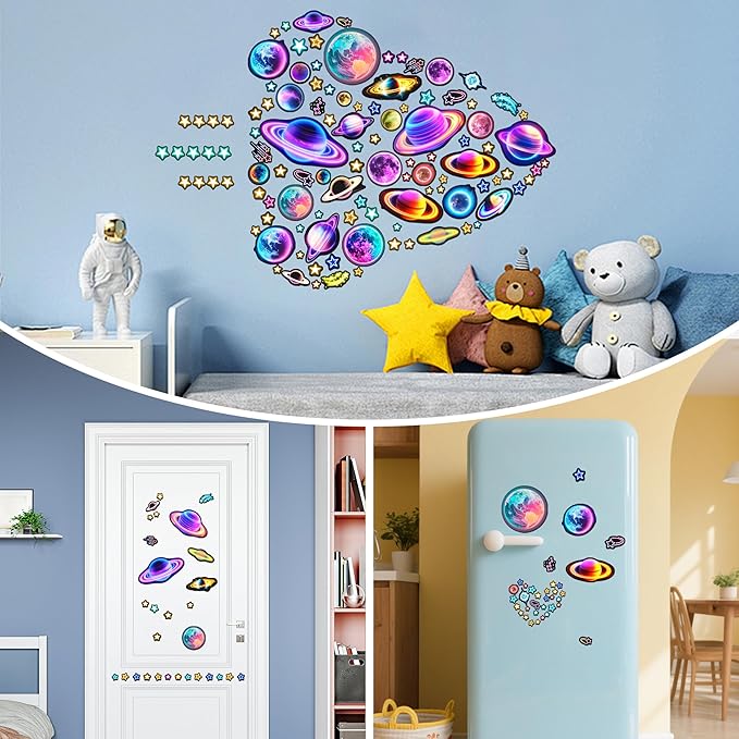 Glow in The Dark Neon Stars and Planets Wall Decals, Fantasy Colorful Space Stars Wall Stickers, Kids Room Space Decor, Ceiling Windows Nursery Living Room Playroom Bedroom Decorations