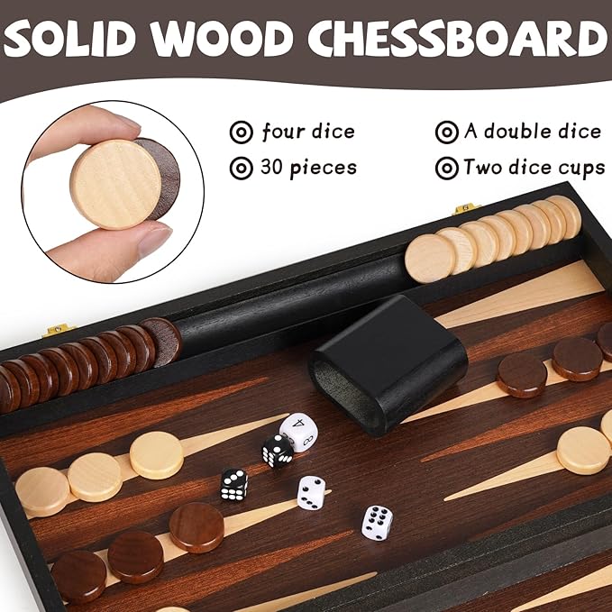 15" Wooden Backgammon Board Game Set for Adults and Kids - Portable and Travel Backgammon Set Family Game Night Vintage Backgammon Strategy Game- Classic Board Strategy Game
