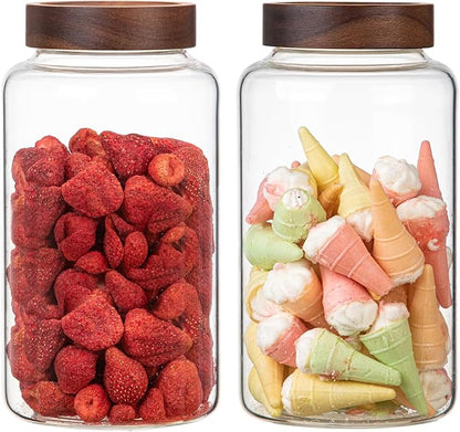 Large Glass Coffee Jars Round Storage Canister with Wooden Lid Clear Glass Food Jar for Pantry Sugar Tea Coffee Bean Spice Nuts Cookies Bath Salts