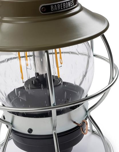 Barebones Railroad Lantern ??Olive Drab, Vintage-Inspired LED Camping Lantern with Rechargeable Battery ??Adjustable Brightness Outdoor Light for Camping Gear, Backyard, and Home Decor