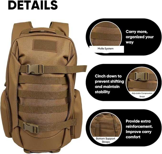 35L Tactical Backpack for Men, MOLLE Military Bug Out Bag, Waterproof Rucksack for Hiking with Hydration Port Tan