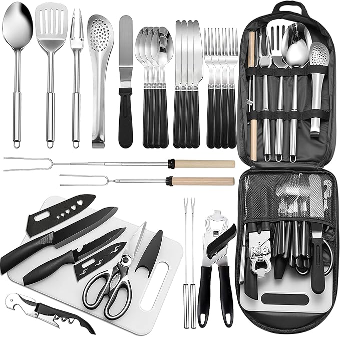 Portable Camping Kitchen Utensil Set-27 Piece Cookware Kit, Stainless Steel Outdoor Cooking and Grilling Utensil Organizer Travel Set Perfect for Travel, Picnics, RVs, Camping, BBQs, Parties and More