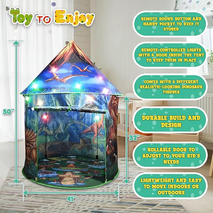 Dinosaur Pop Up Kids’ Play Tent by Toy to Enjoy - Perfect for Indoor & Outdoor. Dinosaur Camping Tent for Toddlers, Boys&Girls. Includes Remote Controlled Lights, Roar Sound Button & 3 Different Toys