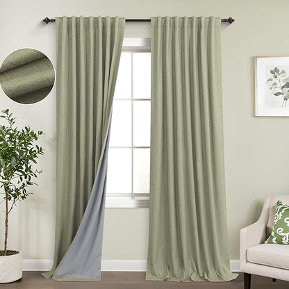 KOUFALL Sage Green Back Tab Linen Blackout Curtains 52x90 Inches Long